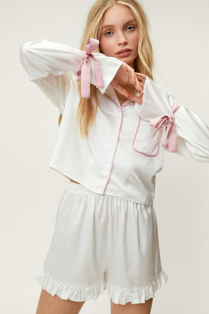 White Satin Nightsuit w shorts (Pink Details)